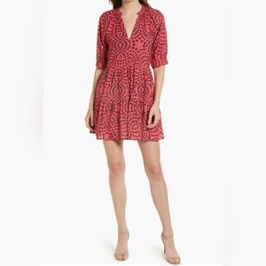 Area Stars Circle Dot Puff Sleeve Mini Dress, Red & Black, Women's Size Small